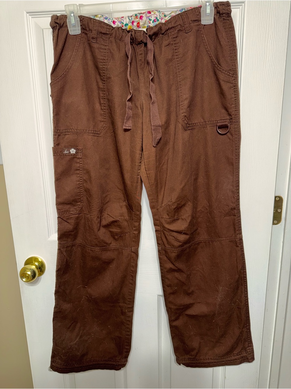 Koi Lindsey Cargo Scrub Pants Womens L Brown Drawstring Utility Nurse Uniform